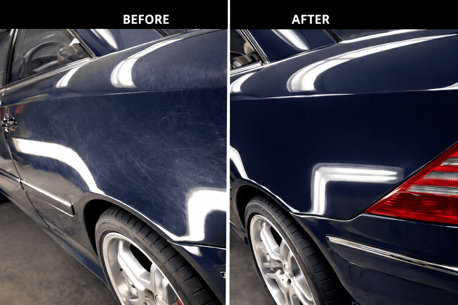Blue Mercedes before and after paint correction comparison