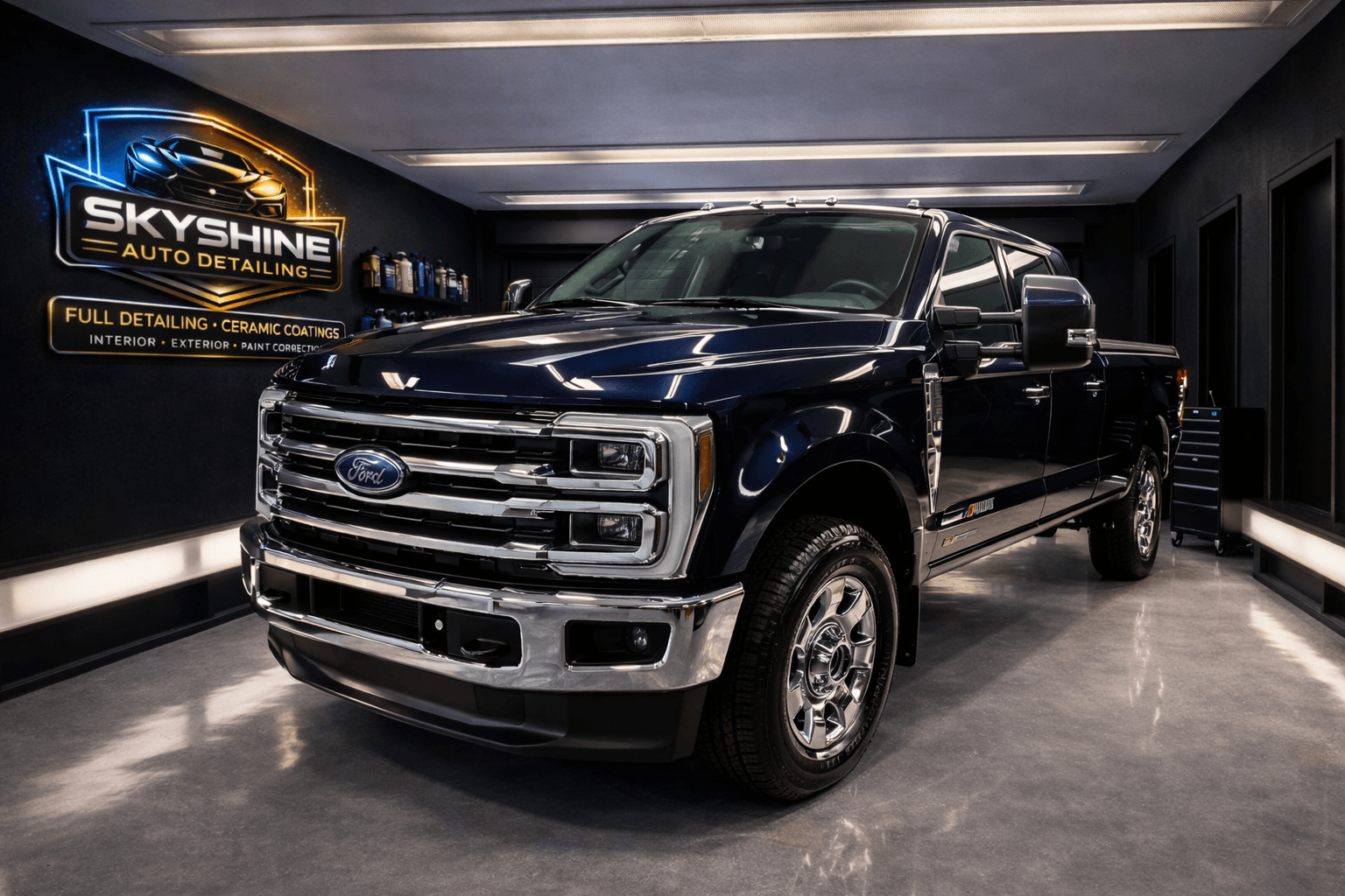 Glossy coated truck inside SkyShine Auto Detailing garage in Brooklyn CT