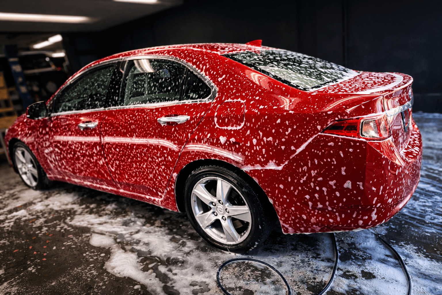 Red sedan with soap suds during exterior detailing wash